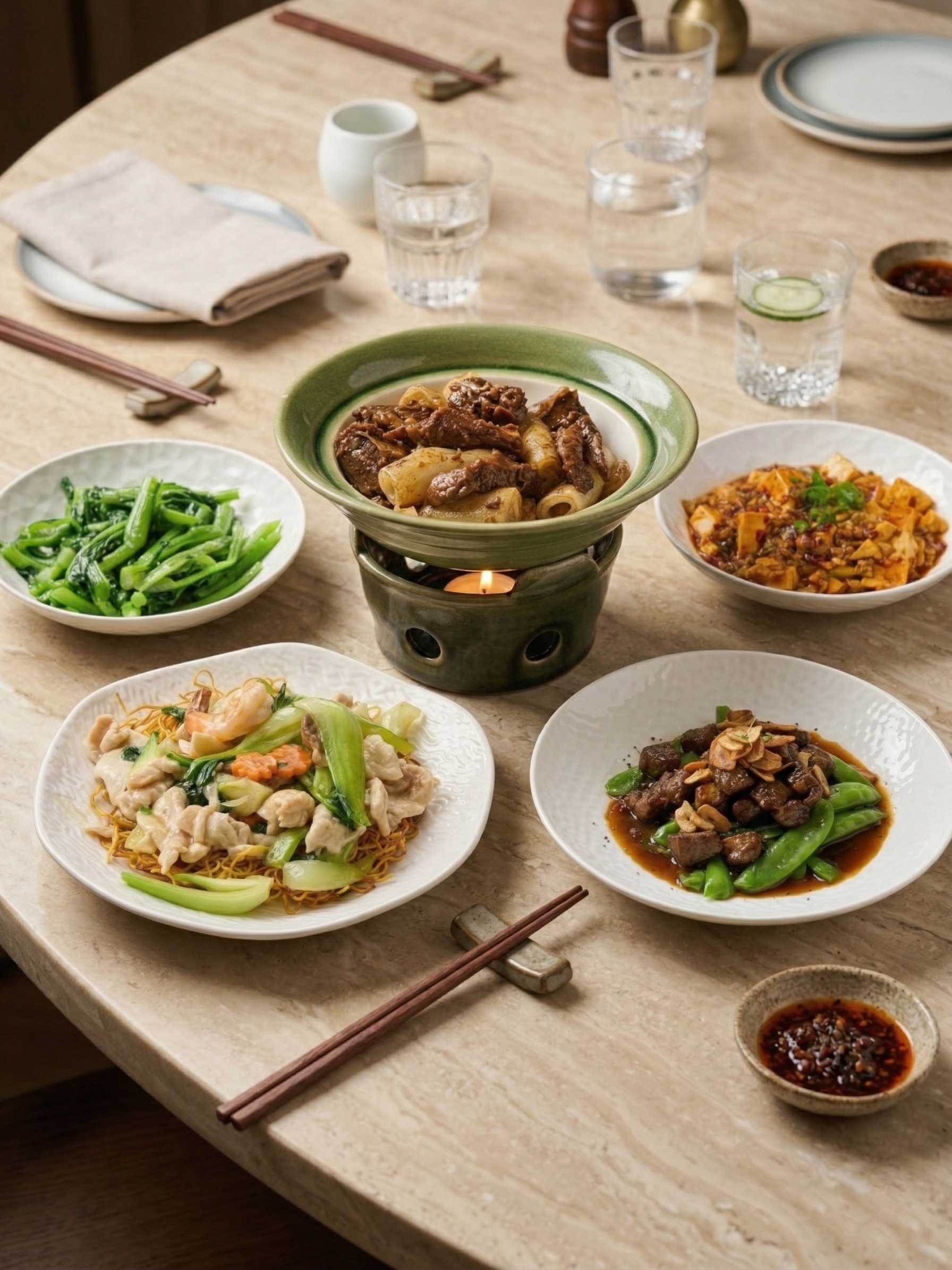 A table of Cantonese banquet dishes, including noodles, greens and shared plates