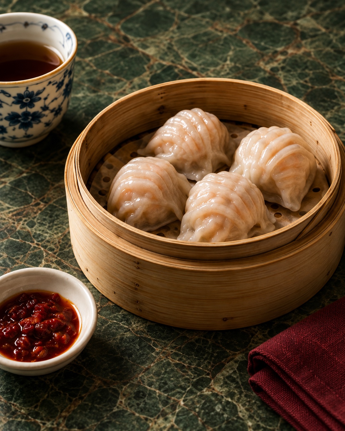 Illustration of steamed prawn dumplings served on green marble