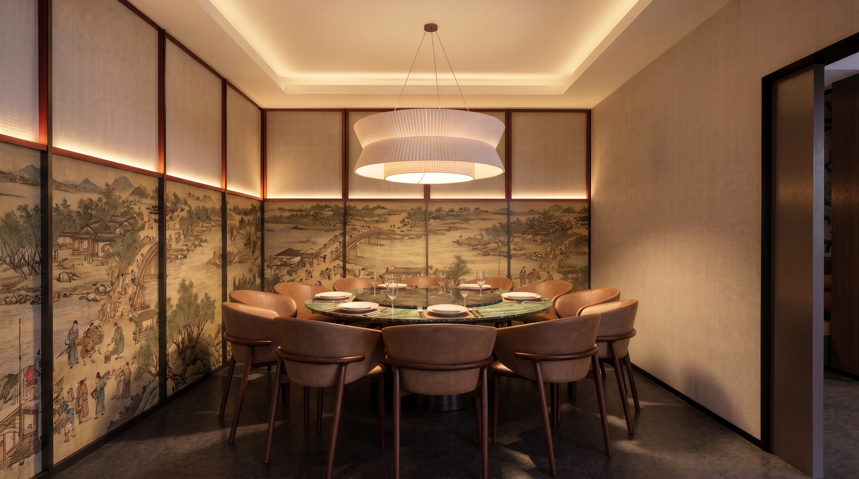 Private dining room fitout rendering with a round green marble table, warm pendant light and illustrated wall panels